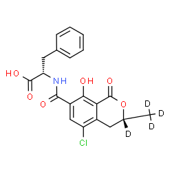 ChemSpider 2D Image | N-{[(3R)-5-Chloro-8-hydroxy-3-(~2~H_3_)methyl-1-oxo(3-~2~H)-3,4-dihydro-1H-isochromen-7-yl]carbonyl}-L-phenylalanine | C20H14D4ClNO6