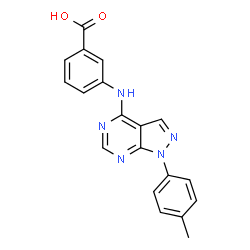 ChemSpider 2D Image | 3-{[1-(4-Methylphenyl)-1H-pyrazolo[3,4-d]pyrimidin-4-yl]amino}benzoic acid | C19H15N5O2