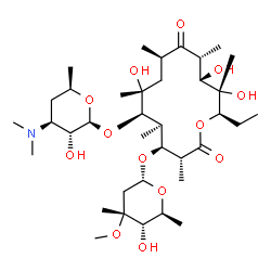 ChemSpider 2D Image | (3R,4S,5R,6R,7R,9R,11R,12S,13S,14R)-6-{[(2S,3R,4S,6R)-4-(Dimethylamino)-3-hydroxy-6-methyltetrahydro-2H-pyran-2-yl]oxy}-14-ethyl-7,12,13-trihydroxy-4-{[(2R,4R,5S,6S)-5-hydroxy-4-methoxy-4,6-dimethylte
trahydro-2H-pyran-2-yl]oxy}-3,5,7,9,11,13-hexamethyloxacyclotetradecane-2,10-dione (non-preferred name) | C37H67NO13