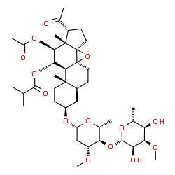 ChemSpider 2D Image | (3beta,5alpha,11alpha,12beta,14beta,17alpha)-12-Acetoxy-3-{[2,6-dideoxy-4-O-(6-deoxy-3-O-methyl-beta-D-allopyranosyl)-3-O-methyl-beta-D-arabino-hexopyranosyl]oxy}-20-oxo-8,14-epoxypregnan-11-yl 2-meth
ylpropanoate | C41H64O14