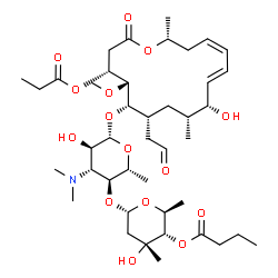 ChemSpider 2D Image | (2S,3S,4R,6S)-6-{[(2R,3S,4R,5R,6S)-4-(Dimethylamino)-5-hydroxy-6-{[(4R,5R,6S,7R,9R,10R,11E,13Z,16R)-10-hydroxy-5-methoxy-9,16-dimethyl-2-oxo-7-(2-oxoethyl)-4-(propionyloxy)oxacyclohexadeca-11,13-dien-
6-yl]oxy}-2-methyltetrahydro-2H-pyran-3-yl]oxy}-4-hydroxy-2,4-dimethyltetrahydro-2H-pyran-3-yl butanoate (non-preferred name) | C42H69NO15