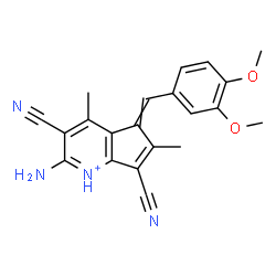ChemSpider 2D Image | 2-Amino-3,7-dicyano-5-(3,4-dimethoxybenzylidene)-4,6-dimethyl-5H-cyclopenta[b]pyridinium | C21H19N4O2