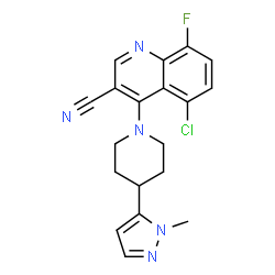 ChemSpider 2D Image | 5-Chloro-8-fluoro-4-[4-(1-methyl-1H-pyrazol-5-yl)-1-piperidinyl]-3-quinolinecarbonitrile | C19H17ClFN5