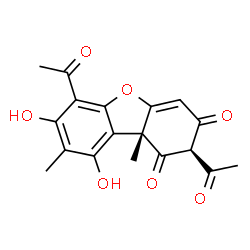 ChemSpider 2D Image | (2R,9bR)-2,6-Diacetyl-7,9-dihydroxy-8,9b-dimethyldibenzo[b,d]furan-1,3(2H,9bH)-dione | C18H16O7