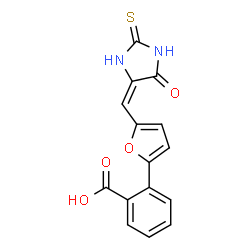 ChemSpider 2D Image | 2-{5-[(E)-(5-Oxo-2-thioxo-4-imidazolidinylidene)methyl]-2-furyl}benzoic acid | C15H10N2O4S