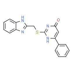ChemSpider 2D Image | 4(3H)-pyrimidinone, 2-[(1H-benzimidazol-2-ylmethyl)thio]-6-phenyl- | C18H14N4OS