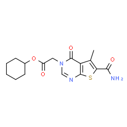 ChemSpider 2D Image | Cyclohexyl (6-carbamoyl-5-methyl-4-oxothieno[2,3-d]pyrimidin-3(4H)-yl)acetate | C16H19N3O4S