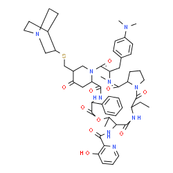 ChemSpider 2D Image | N-{18-[(1-Azabicyclo[2.2.2]oct-3-ylsulfanyl)methyl]-22-[4-(dimethylamino)benzyl]-6-ethyl-10,23-dimethyl-5,8,12,15,17,21,24-heptaoxo-13-phenyldocosahydro-12H-pyrido[2,1-f]pyrrolo[2,1-l][1,4,7,10,13,16]
oxapentaazacyclononadecin-9-yl}-3-hydroxy-2-pyridinecarboxamide | C53H67N9O10S