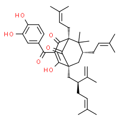 ChemSpider 2D Image | (1S,5S,7R)-3-(3,4-Dihydroxybenzoyl)-4-hydroxy-5-[(2S)-2-isopropenyl-5-methyl-4-hexen-1-yl]-8,8-dimethyl-1,7-bis(3-methyl-2-buten-1-yl)bicyclo[3.3.1]non-3-ene-2,9-dione | C38H50O6