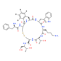 ChemSpider 2D Image | (4S,7S,10S,13R,16S,19R)-10-(4-Aminobutyl)-N-[(2R,3R)-1,3-dihydroxy-2-butanyl]-7-[(1R)-1-hydroxyethyl]-13-(1H-indol-3-ylmethyl)-6,9,12,15,18-pentaoxo-19-(D-phenylalanylamino)-16-[(~2~H_5_)phenylmethyl]
-1,2-dithia-5,8,11,14,17-pentaazacycloicosane-4-carboxamide | C49H61D5N10O10S2