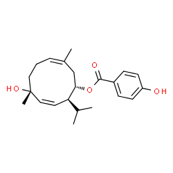 ChemSpider 2D Image | (1S,2S,3Z,5R,8Z)-5-Hydroxy-2-isopropyl-5,9-dimethyl-3,8-cyclodecadien-1-yl 4-hydroxybenzoate | C22H30O4