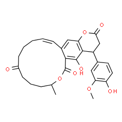 ChemSpider 2D Image | (16Z)-5-Hydroxy-4-(4-hydroxy-3-methoxyphenyl)-8-methyl-4,8,9,10,11,13,14,15-octahydro-2H,6H-oxacyclotetradecino[3,4-g]chromene-2,6,12(3H)-trione | C28H30O8