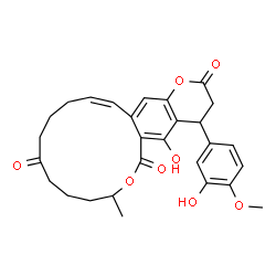 ChemSpider 2D Image | (16Z)-5-Hydroxy-4-(3-hydroxy-4-methoxyphenyl)-8-methyl-4,8,9,10,11,13,14,15-octahydro-2H,6H-oxacyclotetradecino[3,4-g]chromene-2,6,12(3H)-trione | C28H30O8