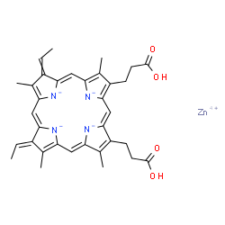 ChemSpider 2D Image | 21H,23H-Porphine-2,18-dipropanoic acid, 7,12-diethylidene-7,12,22,24-tetrahydro-3,8,13,17-tetramethyl-, zinc salt, (7Z,12E)- (1:1) | C34H34N4O4Zn