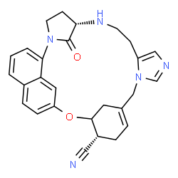 ChemSpider 2D Image | (5S,18R)-31-Oxo-20-oxa-2,6,11,13-tetraazahexacyclo[19.6.2.1~2,5~.1~15,19~.0~9,13~.0~24,28~]hentriaconta-1(27),9,11,15,21,23,25,28-octaene-18-carbonitrile | C27H27N5O2