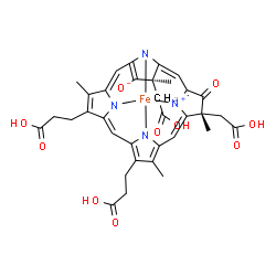 ChemSpider 2D Image | {3,3'-[(7R,12R)-7,12-Bis(carboxymethyl)-13-hydroxy-3,7,12,17-tetramethyl-8-oxo-7,8,12,24-tetrahydroporphyrin-2,18-diyl-kappa~4~N~21~,N~22~,N~23~,N~24~]dipropanoato(4-)}iron | C34H32FeN4O10