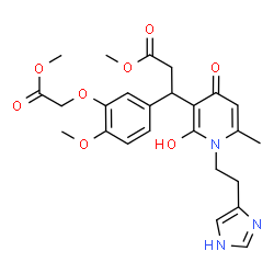 ChemSpider 2D Image | Methyl 3-{2-hydroxy-1-[2-(1H-imidazol-4-yl)ethyl]-6-methyl-4-oxo-1,4-dihydro-3-pyridinyl}-3-[4-methoxy-3-(2-methoxy-2-oxoethoxy)phenyl]propanoate | C25H29N3O8