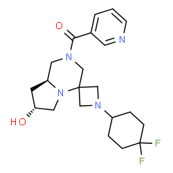ChemSpider 2D Image | [(7'R,8a'S)-1-(4,4-Difluorocyclohexyl)-7'-hydroxytetrahydro-1'H-spiro[azetidine-3,4'-pyrrolo[1,2-a]pyrazin]-2'(3'H)-yl](3-pyridinyl)methanone | C21H28F2N4O2
