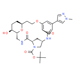 ChemSpider 2D Image | 2-Methyl-2-propanyl (1R,5S,8S,20S,23S)-23-hydroxy-14-(1-methyl-1H-pyrazol-4-yl)-4,10-dioxo-17,24-dioxa-3,6,9-triazatetracyclo[18.3.1.1~5,8~.0~11,16~]pentacosa-11,13,15-triene-6-carboxylate | C29H39N5O7