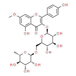 ChemSpider 2D Image | 5-Hydroxy-2-(4-hydroxyphenyl)-7-methoxy-4-oxo-4H-chromen-3-yl 6-O-(6-deoxy-alpha-L-mannopyranosyl)-beta-D-glucopyranoside | C28H32O15