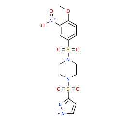 ChemSpider 2D Image | 1-[(4-Methoxy-3-nitrophenyl)sulfonyl]-4-(1H-pyrazol-3-ylsulfonyl)piperazine | C14H17N5O7S2