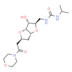 ChemSpider 2D Image | (1S,6R)-1,4:3,6-Dianhydro-2-deoxy-6-{[(isopropylcarbamoyl)amino]methyl}-1-[2-(4-morpholinyl)-2-oxoethyl]-D-arabino-hexitol | C17H29N3O6