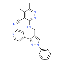 ChemSpider 2D Image | 5,6-Dimethyl-3-({[1-phenyl-3-(4-pyridinyl)-1H-pyrazol-4-yl]methyl}amino)-4-pyridazinecarbonitrile | C22H19N7