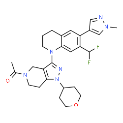 ChemSpider 2D Image | 1-{3-[7-(Difluoromethyl)-6-(1-methyl-1H-pyrazol-4-yl)-3,4-dihydro-1(2H)-quinolinyl]-1-(tetrahydro-2H-pyran-4-yl)-1,4,6,7-tetrahydro-5H-pyrazolo[4,3-c]pyridin-5-yl}ethanone | C27H32F2N6O2