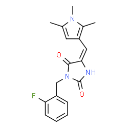 ChemSpider 2D Image | (5E)-3-(2-Fluorobenzyl)-5-[(1,2,5-trimethyl-1H-pyrrol-3-yl)methylene]-2,4-imidazolidinedione | C18H18FN3O2