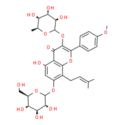 ChemSpider 2D Image | 7-(D-Glucopyranosyloxy)-5-hydroxy-2-(4-methoxyphenyl)-8-(3-methyl-2-buten-1-yl)-4-oxo-4H-chromen-3-yl 6-deoxy-L-altropyranoside | C33H40O15