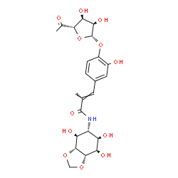 ChemSpider 2D Image | (2E)-3-{4-[(6-Deoxy-beta-D-arabino-hexofuranosyl-5-ulose)oxy]-3-hydroxyphenyl}-2-methyl-N-[(3aR,4S,5R,6R,7S,7aS)-4,6,7-trihydroxyhexahydro-1,3-benzodioxol-5-yl]acrylamide | C23H29NO12