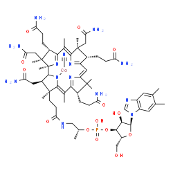 ChemSpider 2D Image | cyano-[(2R,3S,4Z,7S,9Z,12S,13S,14Z,17S,18S,19R)-2,13,18-tris(2-amino-2-oxo-ethyl)-7,12,17-tris(3-amino-3-oxo-propyl)-3-[3-[[(2R)-2-[[(2R,3S,4R,5S)-5-(5,6-dimethylbenzimidazol-1-yl)-4-hydroxy-2-(hydroxymethyl)tetrahydrofuran-3-yl]oxy-hydroxy-phosphoryl]oxypropyl]amino]-3-oxo-propyl]-3,5,8,8,13,15,18,19-octamethyl-2,7,12,17-tetrahydro-1H-corrin-21-yl]cobalt | C63H89CoN14O14P