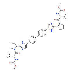 ChemSpider 2D Image | Methyl [(2R)-1-{(2R)-2-[5-(4'-{2-[(2R)-1-{(2R)-2-[(methoxycarbonyl)amino]-3-methylbutanoyl}-2-pyrrolidinyl]-1H-imidazol-5-yl}-4-biphenylyl)-1H-imidazol-2-yl]-1-pyrrolidinyl}-3-methyl-1-oxo-2-butanyl]c
arbamate | C40H50N8O6