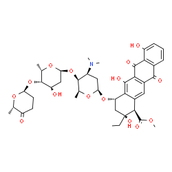 ChemSpider 2D Image | Methyl (1R,2R,4S)-2-ethyl-2,5,7-trihydroxy-6,11-dioxo-4-{[2,3,6-trideoxy-4-O-{2,6-dideoxy-4-O-[(2R,6S)-6-methyl-5-oxotetrahydro-2H-pyran-2-yl]-alpha-L-lyxo-hexopyranosyl}-3-(dimethylamino)-beta-L-lyxo
-hexopyranosyl]oxy}-1,2,3,4,6,11-hexahydro-1-tetracenecarboxylate | C42H53NO15