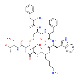 ChemSpider 2D Image | (4R,7R,10R,13S,16R,19S)-10-(4-Aminobutyl)-16-benzyl-N-[(2S,3S)-1,3-dihydroxy-2-butanyl]-7-[(1R)-1-hydroxyethyl]-13-(1H-indol-3-ylmethyl)-6,9,12,15,18-pentaoxo-19-(L-phenylalanylamino)-1,2-dithia-5,8,1
1,14,17-pentaazacycloicosane-4-carboxamide | C49H66N10O10S2