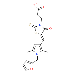 ChemSpider 2D Image | 3-[(5Z)-5-{[1-(2-Furylmethyl)-2,5-dimethyl-1H-pyrrol-3-yl]methylene}-4-oxo-2-thioxo-1,3-thiazolidin-3-yl]propanoate | C18H17N2O4S2