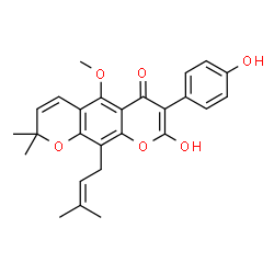 ChemSpider 2D Image | 8-Hydroxy-7-(4-hydroxyphenyl)-5-methoxy-2,2-dimethyl-10-(3-methyl-2-buten-1-yl)-2H,6H-pyrano[3,2-g]chromen-6-one | C26H26O6