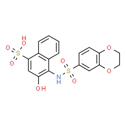 ChemSpider 2D Image | 4-[(2,3-Dihydro-1,4-benzodioxin-6-ylsulfonyl)amino]-3-hydroxy-1-naphthalenesulfonic acid | C18H15NO8S2