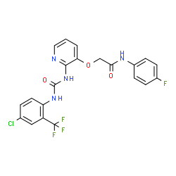 ChemSpider 2D Image | 2-{[2-({[4-Chloro-2-(trifluoromethyl)phenyl]carbamoyl}amino)-3-pyridinyl]oxy}-N-(4-fluorophenyl)acetamide | C21H15ClF4N4O3