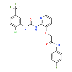 ChemSpider 2D Image | 2-{[2-({[2-Chloro-5-(trifluoromethyl)phenyl]carbamoyl}amino)-3-pyridinyl]oxy}-N-(4-fluorophenyl)acetamide | C21H15ClF4N4O3