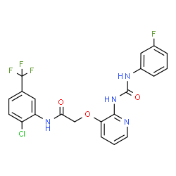 ChemSpider 2D Image | N-[2-Chloro-5-(trifluoromethyl)phenyl]-2-[(2-{[(3-fluorophenyl)carbamoyl]amino}-3-pyridinyl)oxy]acetamide | C21H15ClF4N4O3