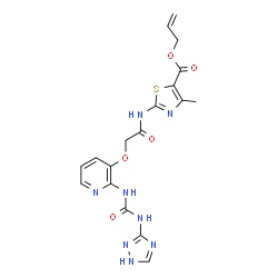 ChemSpider 2D Image | Allyl 4-methyl-2-{[({2-[(1H-1,2,4-triazol-3-ylcarbamoyl)amino]-3-pyridinyl}oxy)acetyl]amino}-1,3-thiazole-5-carboxylate | C18H18N8O5S