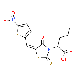 ChemSpider 2D Image | 2-{(5E)-5-[(5-Nitro-2-thienyl)methylene]-4-oxo-2-thioxo-1,3-thiazolidin-3-yl}pentanoic acid | C13H12N2O5S3