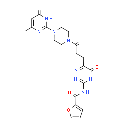 ChemSpider 2D Image | N-(6-{3-[4-(4-Methyl-6-oxo-1,6-dihydro-2-pyrimidinyl)-1-piperazinyl]-3-oxopropyl}-5-oxo-4,5-dihydro-1,2,4-triazin-3-yl)-2-furamide | C20H22N8O5
