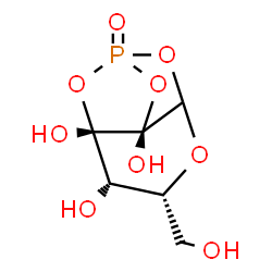 ChemSpider 2D Image | (5R,6S,7S,8R)-5-(Hydroxymethyl)-2,4,9,10-tetraoxa-1-phosphatricyclo[5.2.1.0~3,8~]decane-6,7,8-triol 1-oxide | C6H9O9P