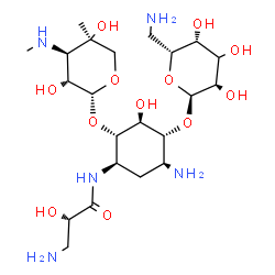 ChemSpider 2D Image | (2S)-3-Amino-N-[(1R,2S,3S,4R,5S)-5-amino-4-{[(3xi)-6-amino-6-deoxy-alpha-D-xylo-hexopyranosyl]oxy}-2-{[3-deoxy-4-C-methyl-3-(methylamino)-beta-L-arabinopyranosyl]oxy}-3-hydroxycyclohexyl]-2-hydroxypro
panamide | C22H43N5O12