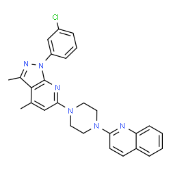 ChemSpider 2D Image | 2-{4-[1-(3-Chlorophenyl)-3,4-dimethyl-1H-pyrazolo[3,4-b]pyridin-6-yl]-1-piperazinyl}quinoline | C27H25ClN6