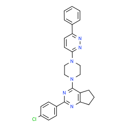 ChemSpider 2D Image | 2-(4-Chlorophenyl)-4-[4-(6-phenyl-3-pyridazinyl)-1-piperazinyl]-6,7-dihydro-5H-cyclopenta[d]pyrimidine | C27H25ClN6