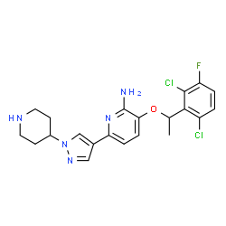 ChemSpider 2D Image | 3-[1-(2,6-Dichloro-3-fluorophenyl)ethoxy]-6-[1-(4-piperidinyl)-1H-pyrazol-4-yl]-2-pyridinamine | C21H22Cl2FN5O