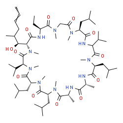 ChemSpider 2D Image | (3S,6R,9R,12R,15R,18S,24S,30S,33R)-30-Ethyl-33-[(1S,4E)-1-hydroxy-2-methyl-4-hexen-1-yl]-6,9,18,24-tetraisobutyl-3,21-diisopropyl-1,4,7,10,12,15,19,25,28-nonamethyl-1,4,7,10,13,16,19,22,25,28,31-undec
aazacyclotritriacontane-2,5,8,11,14,17,20,23,26,29,32-undecone | C62H111N11O12